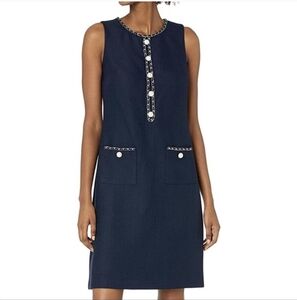 Karl Lagerfeld Elegant Navy Sleeveless Dress Shift Classic Chain Pearls 14